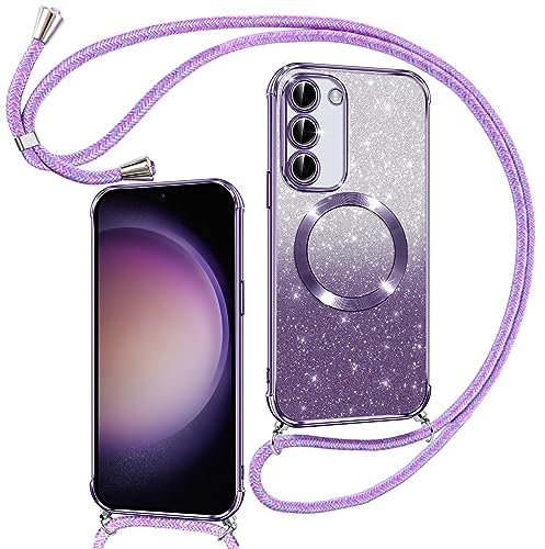 Phoona Couqe Magnétique pour Samsung Galaxy S23 Plus 5G Con Cordon, Compatible avec MagSafe, Brillant Glitter Pailleté Antichoc Durable Résistante Etui pour Samsung S23 Plus 5G Bumper, Violet