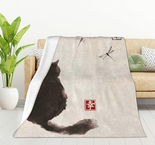 HGOD DESIGNS Katzendecke, superweich, Vintage-Katzen- und Libellen-Motiv, traditionelle japanische Tuschemalerei, Überwurfdecke, 130 x 150 cm, Decke für Bett, Couch, Stuhl, Herbst, Winter, Camping,