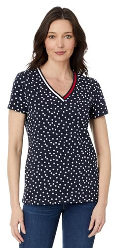 Tommy Hilfiger T-Shirt da Donna a Maniche Corte con Scollo a V e Bandiera, Sky Captain/Bianco Brillante, L