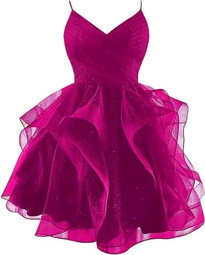 WSEYU Glitter Tulle Spaghetti Cinghie Breve Homecoming Abiti per Teens Tiered Mini Cocktail Abiti, Fucsia, 44
