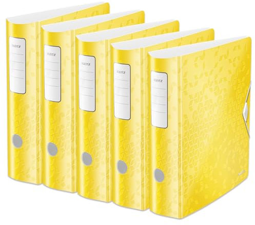 Leitz Qualitäts-Ordner 180° Active WOW, 5er Pack, A4, Breit, Abgerundeter Rücken, 8,2 cm breit, Gummibandverschluss, Leichtes Polyfoam, Plastik-Ordner, WOW Serie, Gelb, 11060016