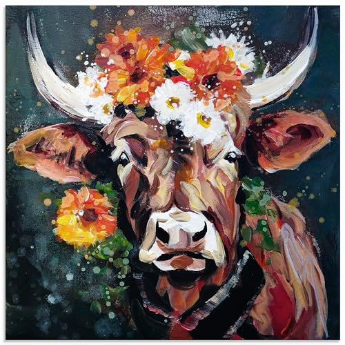 ARTland Wanddeko Glasbilder Wandbild Glas Bild Deko Modern Tiere Stier Kuh Blumen Kranz Farbe Porträt U5BI