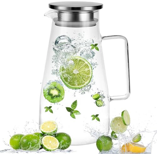 Kasanni Wasserkaraffe mit Deckel Edelstahl, 1.8L Glaskaraffe aus Borosilikatglas, Wasserkaraffe, Wasserkrug, Glas Krug Karaffe, Karaffe Glas, Eistee Krug für Kalte Heiße Wasser Eistee Getränke Saft