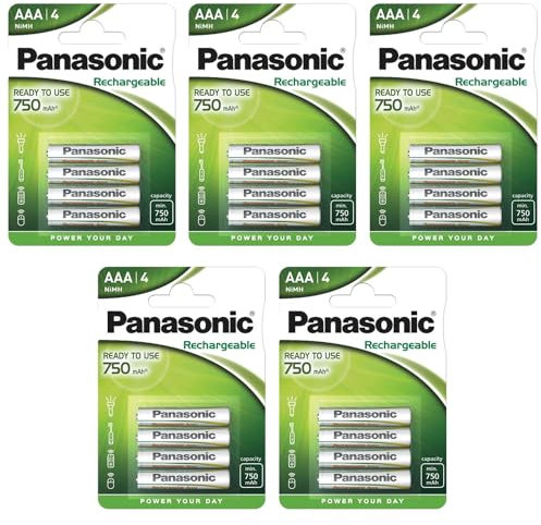 PANASONIC - Lote de 5 ampollas de 4 pilas recargables NiMH Micro AAA 750 mAh Ready to Use