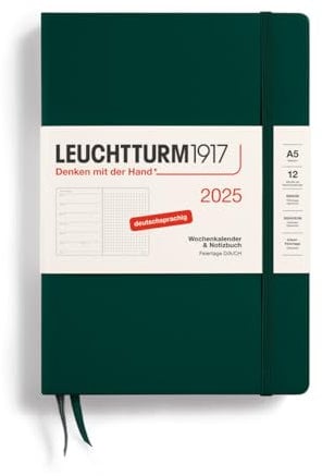 LEUCHTTURM1917 370539 Wochenkalender & Notizbuch Dotted Medium (A5) 2025, Forest Green, Deutsch
