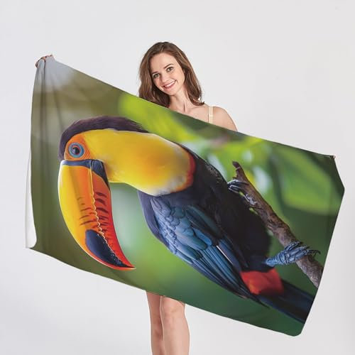 QEODAH Strandtuch Tukan - Badetuch Vogel - Schnelltrocknend & Ultraleicht & Sandfreie Strandhandtuch, Weich Mikrofaser Handtücher, badehandtuch groß 150x200, Pflegeleicht Handtuch
