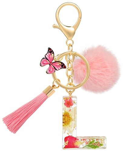 MWOOT Porte Clé Lettre avec Initiale, Porte Clef Alphabet Rose avec Pendentif Pompon Tassel Papillon pour Femmes Filles, Charme de Porte Clés en Résine pour Clé de Voiture Sac à Main Décor(L)