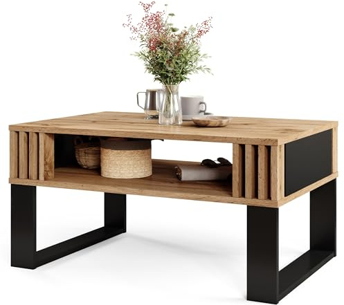 Viosimc Moderner Couchtisch mit Holzdekor-Lamellen, Rechteckiger Wohnzimmertisch mit Regal und Dekorativen Lamellen, Eleganter Zentraler Tisch für Wohnzimmer im Zeitgenössischen Design