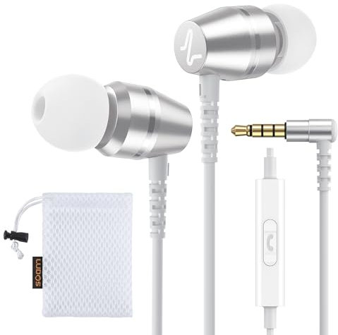 Ludos OMNITONE Wired Earbuds in-Ear Headphones, Earphones with Microphone, 5 Years Warranty, Noise Isolation Corded for 3.5mm Jack Ear Buds for iPhone, iPad, Samsung, Laptop, Gaming, Sports - White