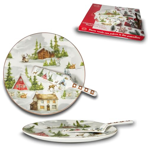 ARCA, Piatto Panettone con Paletta in Porcellana, con Decorazione Natalizia Christmas Land, Resistente e Duraturo, Ideale per la Tavola, Idea Regalo di Natale, 30 cm