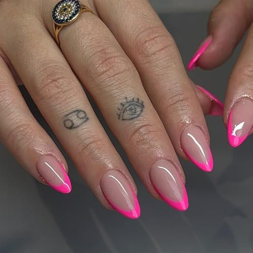SXVME 30 Pcs Acrylic Press on Nails Short Almond, Hot Pink French Tip False Nails Short Pointed Stiletto, Natural Nude Fake Nails Set Classic Soft Gel Stick on Nail for Women Daily Wedding Wear