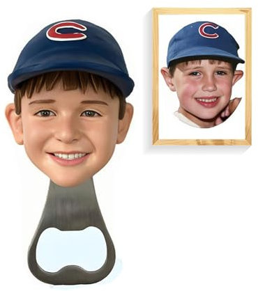 Bobblehead Bottle Opener, Custom Figurine with Baseball Cap,Handmade Polymer Clay, Stainless Steel, Based on Your Photo
