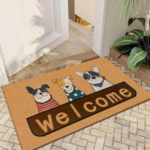 Qingbei Rina Fußmatte Kokosfaser Bunte Hund-70x40cm-Willkommen Fussmatte Outdoor Aussen Wetterfest Antirutsch PVC& Kokos Oberfläch, Fußmatte außen für Hauseingänge, Flure, Außentüren