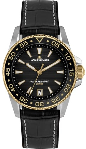 JACQUES LEMANS 1-2205G Herrenuhr Liverpool Diver Silikonband mit Leder Oberfläche 41 MM Datum 20 ATM