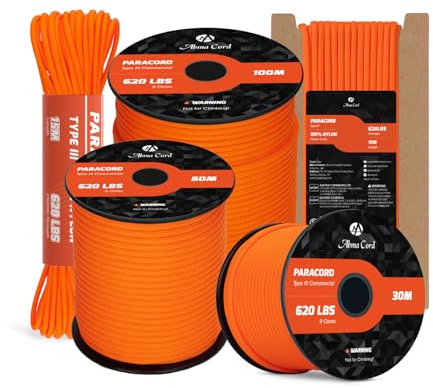 Abma Cord Paracord 620lbs 4mm 10M 100% Nylon Seil Typ 3 Schnur mit 9 Kern für Basteln, Camping, Survival, Outdoor - Max. 280kg - Orange
