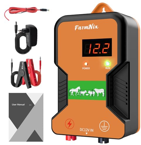 12V Weidezaungerät mit LED Anzeige, 2J Wasserdicht Elektrischer Weidezaun 230V für 15 KM Reichweite, LED Display Eelektrozaun für Schutz von Nutztieren,Haustieren,Geflügel, Hausweide,Gärten (Orange)
