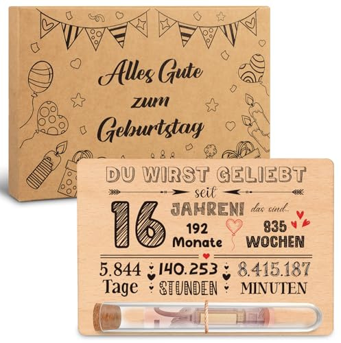 Giftota 16 Geburtstag Geldgeschenke Holz mit Reagenzglas Juteschnur Holzkarte Geschenkbox - 16 Geburtstag Geschenk Mädchen Jungen