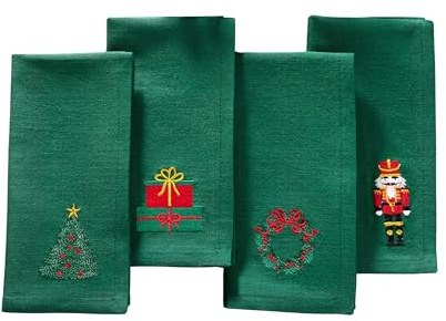 Elrene Home Fashions Weihnachts-Servietten aus Baumwolle mit festlichen Designs (Baum, Geschenk, Kranz, Nussknacker), 4 Stück