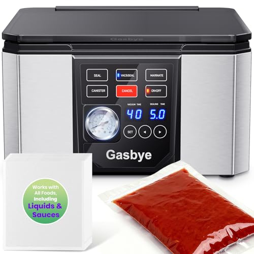 Gasbye Chamber Vacuum Sealer – 5.3QT Large Chamber, Replaceable 11.5 Sealing Bar with Double Seal, Perfect for Meats, Soups, Sauces & Liquids, Includes 30 Pre-Cut Vacuum Bags, Stainless Steel