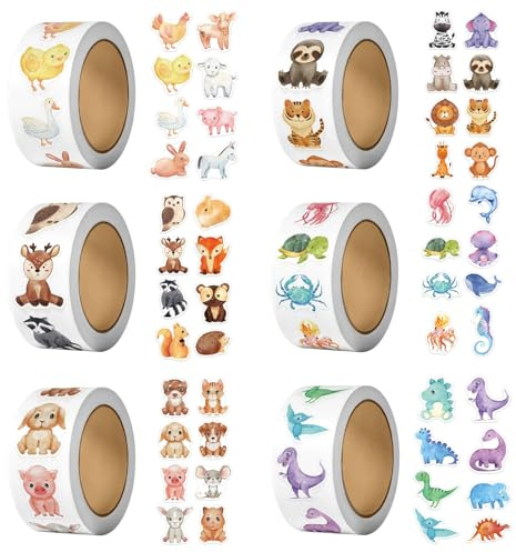 3000 Stück Runde Tier Aufkleber Tiere 6 Rollen Sticker Rolle | Süße Cartoon Belohnungsaufkleber 48 Muster Animal Sticker Tiere, Aufkleber Kinder für Scrapbooking DIY, Lehrerbedarf