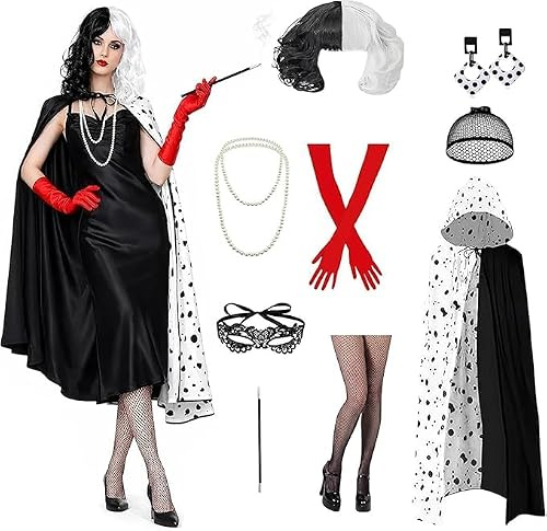 Cruella Kostüm Damen, Cruella Devil Kostüm, mit Umhang und Kapuze, Schwarz-Weiße Perücke, Handschuhe, Ohrringe, Halskette & Maske, Karneval Kostüm Frauen für Karneval, Mottoparty, Halloween & Cosplay