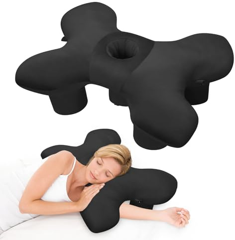Ear Piercing and Arm Hole Pillow for Side Sleepers, Ergonomic Cotton Orthopedic Pillow for Neck Pain Relief, Pressure Release for Pierced Ears & Rotator Cuff, ldeal Side Sleepers Support (Black)