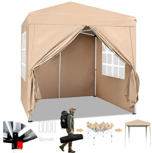 HOBBYZOO Pavillon Faltpavillon 2x2m – Höhenverstellbar, Wasserdicht & UV-Schutz 50+, Stabiler Windfestes,mit 4 Seitenwänden,Zelt für Garten, Terrasse, Camping,Khaki