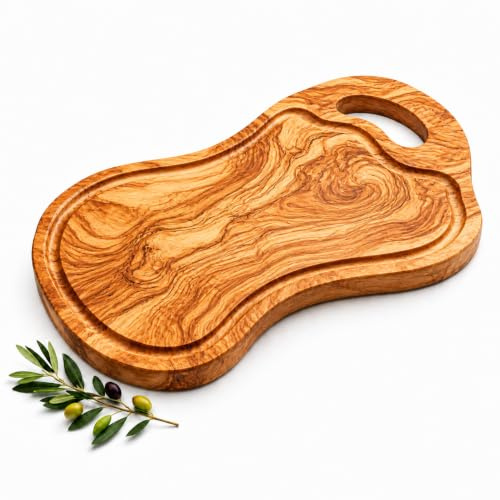 Tagliere artigianale con rigola e manico in legno di ulivo naturale, per cucina professionale, 40 cm