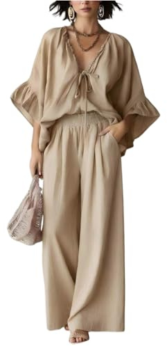 Generisch Zweiteiler Damen Sommer Boho Lounge-Sets Lotusblütenärmel Oberteil Und Hose 2 Teiliges Mit Taschen Outfits, S-2XL
