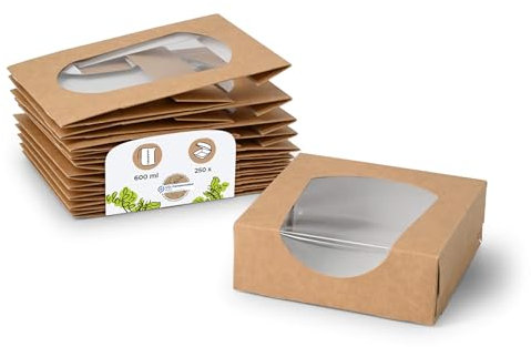 BIOZOYG Patisserie-Schachtel Karton braun 600ml I Kompostierbare Verpackung Geschenk-Karton mit Sichtfenster aus PLA I Gebäck Box Kuchen Keks Karton Boxen Klein I 250x Geschenkboxen 11,8x11,8x4cm