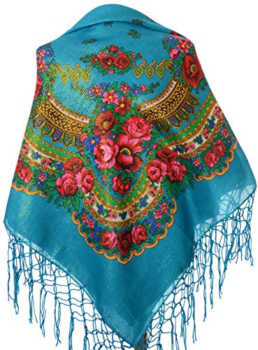 Halstuch mit traditionellem ukrainischem/polnischem/russischem Blumenmuster und Fransen - Blau -