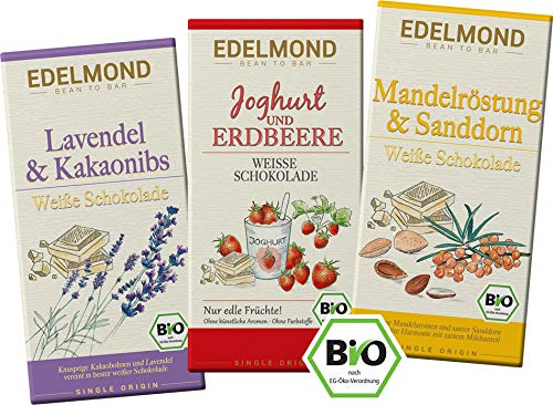 Edelmond Bio Weiße Schokolade Mini Set. Premium Schokoladen als geschmackvolles Geschenk, oder zum selbst genießen. Rohkostfrüche ohne künstliche Aromen