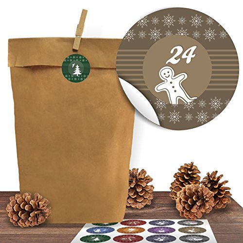 Adventino Adventskalender 24 Kraftpapiertüten mit 24 weihnachtlichen Aufklebern Bunte Weihnachten zum Verschließen als Weihnachts-Geschenktüte zum Basteln und Befüllen