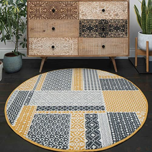 The Rug House Milan Moderner Rund Kreis Teppich mit zeitgemäßem Patchworkmuster für das Wohnzimmer in Ocker-, Gelb-, Grau- und Beigetönen 120cm