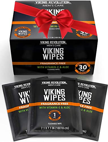 Viking Revolution Spülbare Feuchttücher für Erwachsene, geruchlos, 30 einzeln verpackte Reisetücher, Einweg-Toilettentücher mit Vitamin E und Aloe
