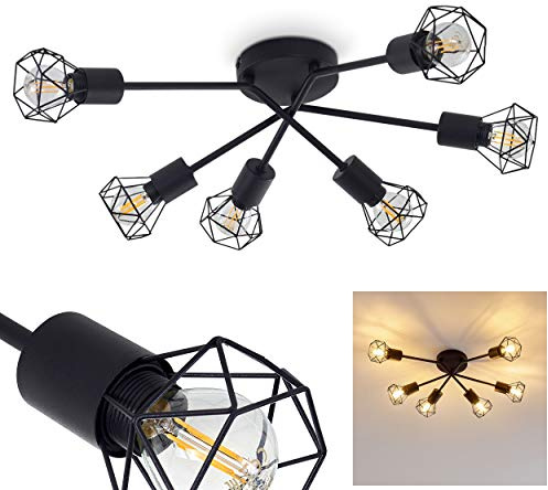 HOFSTEIN Deckenleuchte Baripada, Deckenlampe aus Metall in Schwarz, moderne Leuchte im Retro/Vintage-Design mit Lichteffekt durch Gitter-Optik, 6 x E14, Wohnzimmer, Esszimmer, Schlafzimmer