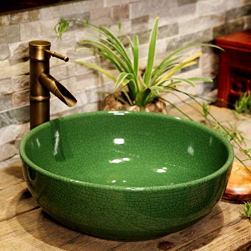 Crackle Effect Glaze Bathroom Cloakroom Ceramic Counter Top Basin Sink Wash Bowl Kasbah Painted Patterned Round Ceramic Washing Basin Sink Craft Handmade 350 mm, 300 mm (30cm, Green)