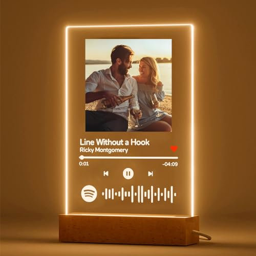 VEELU Spotify Glas Personalisiert LED Nachtlicht Song Cover Glas Bild mit Foto Spotify Platte Acrylglas Fotogeschenke für Männer Frauen Pärchen Geschenk Jahrestag Valentinstag Weihnachten