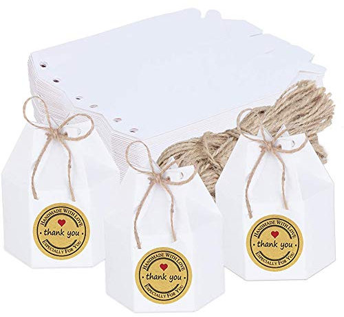 50 Stücke Kraftpapier Tüten Geschenkbox, Süßigkeiten Boxen aus Papier, DIY Party Geschenkboxen, Kommt mit Seil und Aufklebern, für Hochzeitsempfang, Geburtstagsfeier, Verlobungsfeier (Weiß)