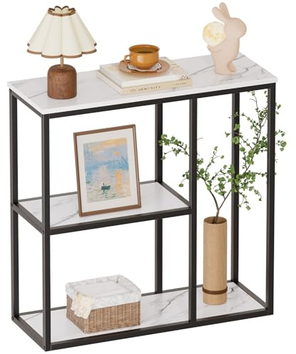 WOHOMO Table console étroite de 30,5 cm pour salon, table de canapé industrielle moderne avec 3 étagères de rangement pour couloir, couloir, marbre blanc