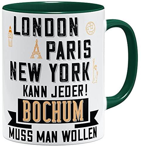 OM3® Bochum Tasse mit Stadtnamen Städtetasse | Keramik Becher | 11oz 325ml | Beidseitig Bedruckt | Grün