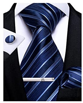 DiBanGu Herren Krawatte Einfarbig Seide Gewebt Gestreift Plaids Krawatte Taschentuch Manschettenknopf Krawattenklammer Set Formelle Business Hochzeit, Marineblau gestreift, M