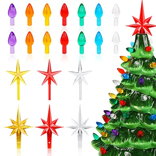 120PCS Ceramic Christmas Tree Replacement Bulbs, Flame Shape Twist Lights | Medium Twist Bulbs, 3 Five-Pointed & 3 Seven-Pointed Star Ornaments, Assorted Colors, Tree Not Included