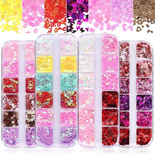 Kalolary 48 Grilles Paillette d'Art d'Ongle de La Saint-Valentin Paillette de Colorée de Flocon d'Ongle Brillant Holographique Décoration d'Art d'Ongle Irisée (B)