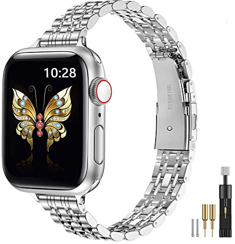 MioHHR Slim Straps Compatible with Apple Watch Strap 38mm 40mm 41mm 42mm(Series 10),Thin Stainless Steel Metal Chain Band for Women iWatch Straps Series 9 8 7 6 5 4 3 2 1 SE,Silver