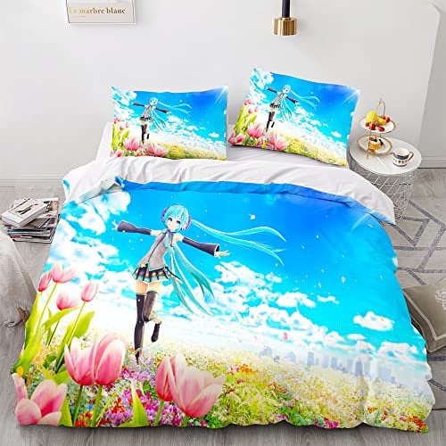 YuZong Hatsune Miku Bettwäsche aus weichem Polyester dreiteilig Anime-Bettbezug Kissenbezug Anime-Figuren Cartoon-Kinder Kinder Teenager Erwachsene