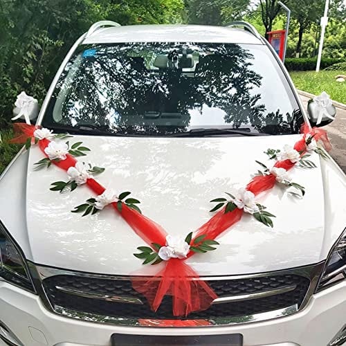 Autoschmuck Hochzeit Motorhaube Saugnapf, Hochzeitsdeko Auto Blumen, Deko Hochzeitsauto Vintage, Auto Hochzeitsschmuck Set mit Autoschleifen Spiegel Blumenstrauß Kunstblumen Rosen Tüll (Rot-weiß)
