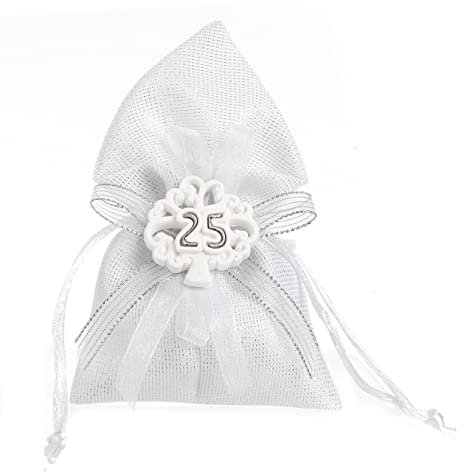 PABEN 36 Sacchetti per Confetti Bomboniera Nozze d'Argento Albero della Vita con Nr. 25 in Stoffa e Porcellana 16cm