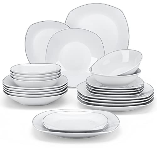 MALACASA Dinner Sets for 6 People, 24-Piece Plates and Bowls Set with 6-Piece Dinner Plate/Soup Plate/Side Plate/Cereal Bowl, Dinnerware Set with Siliver Rim,Series Elisa