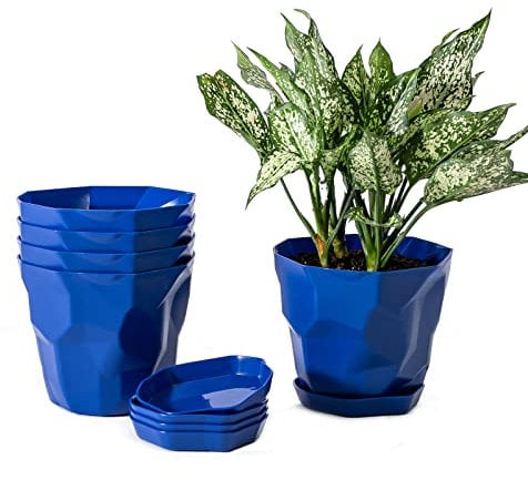 Dproptel 5 Pack Plastic Flower Pots, Indoor/Outdoor Plant Holder Nordic Style Garden Pots Succulents Containers with Base Bracket for Home Office Shops Décor (blue)